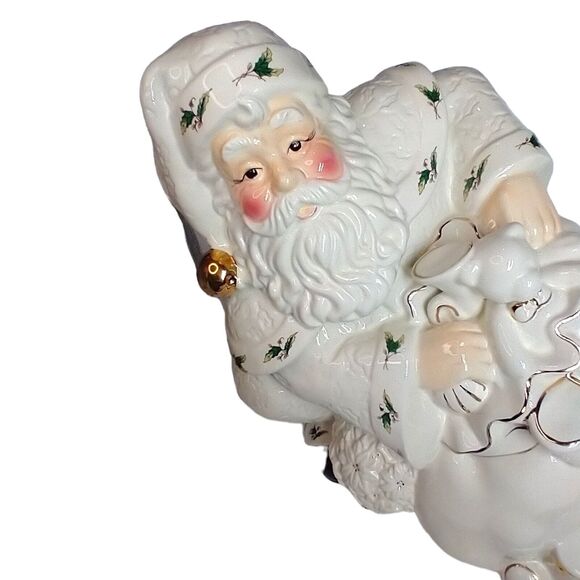 Holly Holiday Santa Claus Cookie Jar Large Ceramic Bag of Toys Holly Trim - Picture 10 of 13